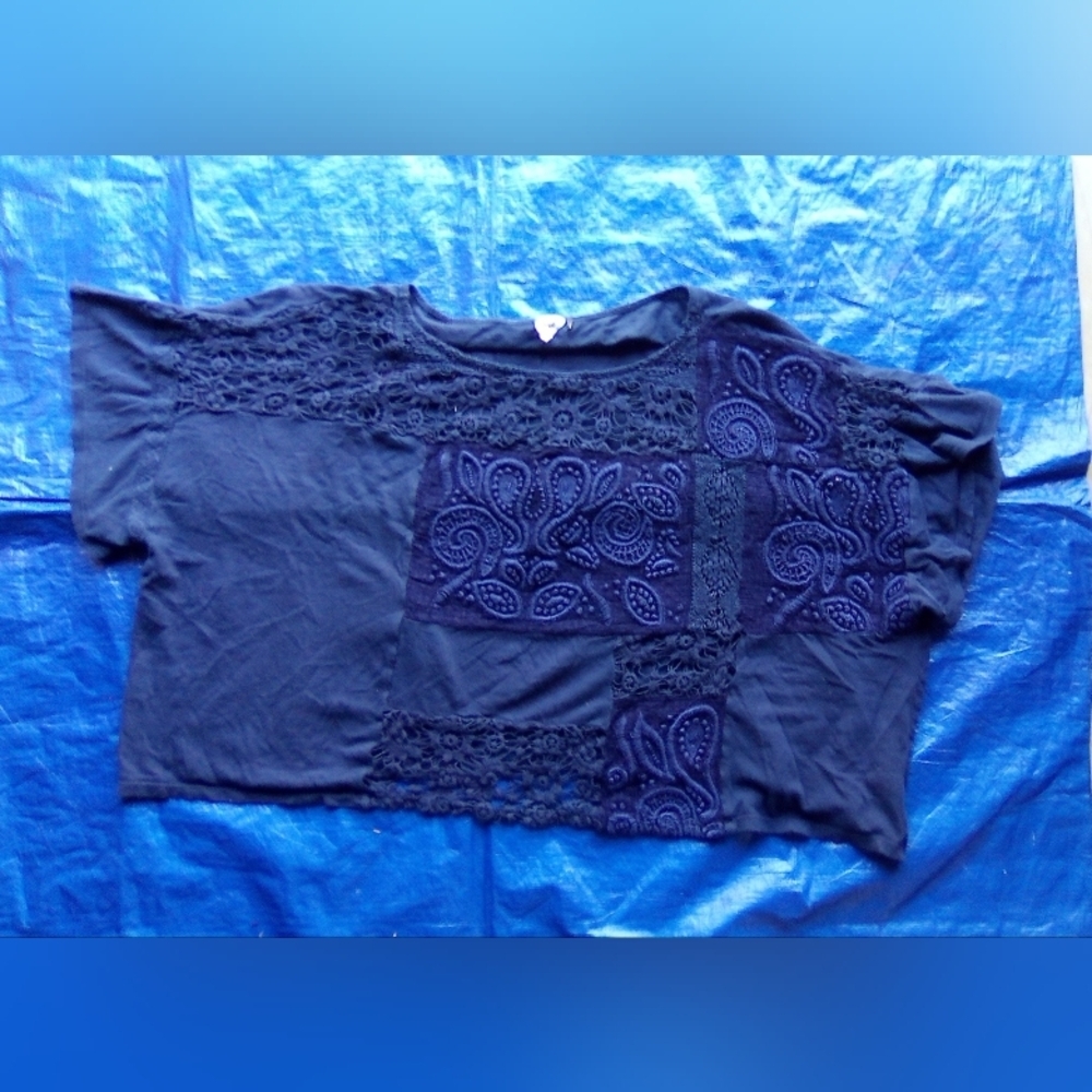 Akeim + Kin Navy Blue Lace Patchwork Top